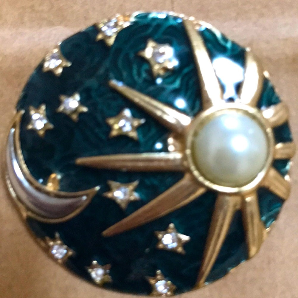 Outer Space Moon & Sun Starry Night Brooch mimicking Van Gogh’s Starry Night